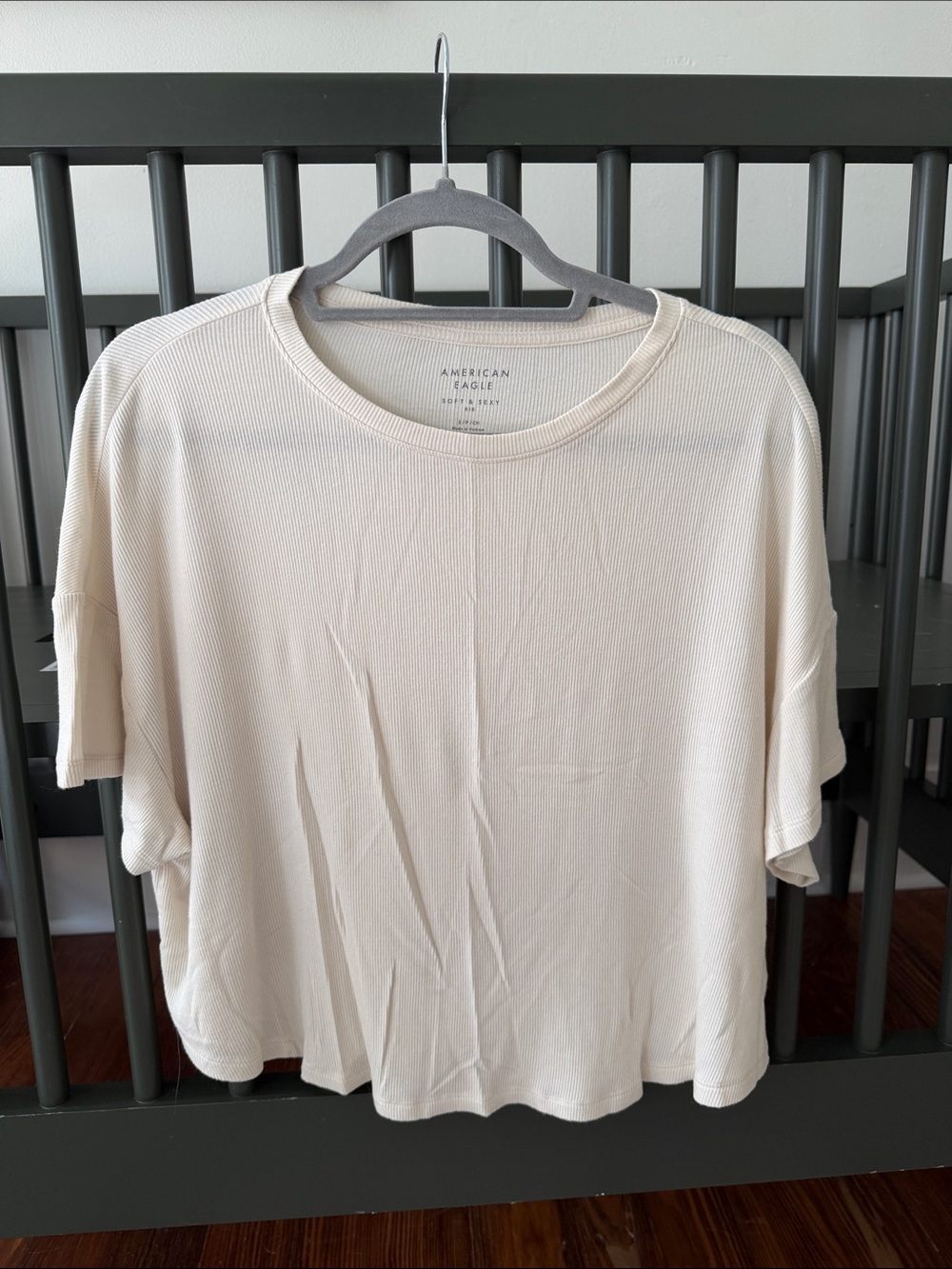 American Eagle Outfitters Cream Ribbed Boxy Short-Sleeve Tee